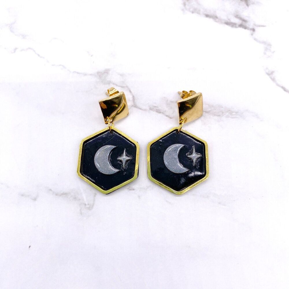 Black Holographic Celestial Crescent Moon Dangle Stud Earrings - Picture 3 of 15